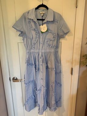 kate spade x Target Light Blue and White Striped Ruffle-Trim Shirt Dress